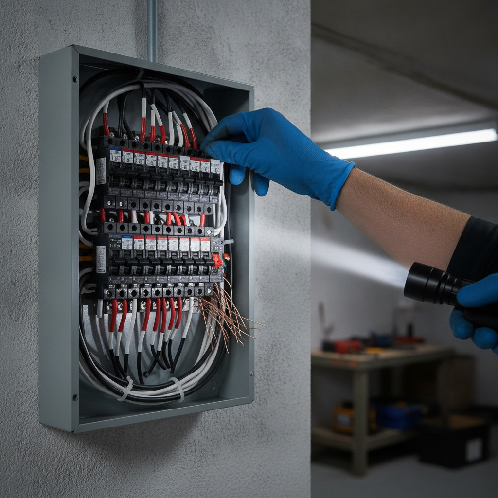 Close-up electrical inspection of a residential breaker panel during building safety inspection