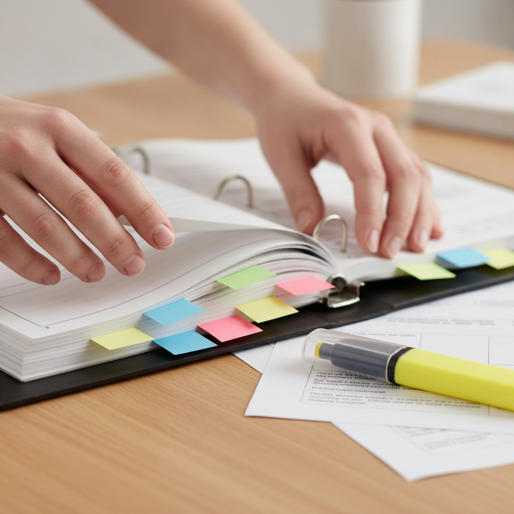 Close-up of proposal binder setup to avoid business procurement bid mistakes with color-coded tabs and review markers