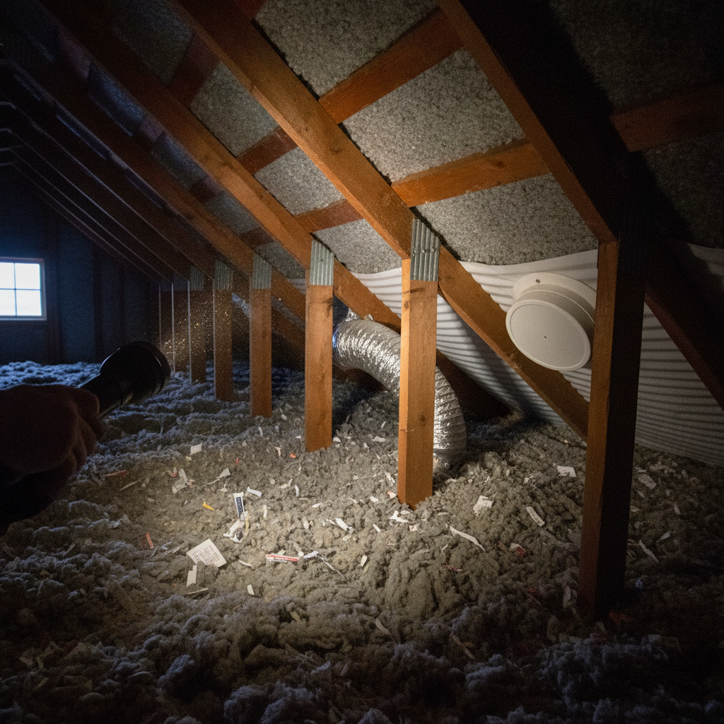 Attic inspection with insulation, trusses, and ventilation baffles highlighted by flashlight
