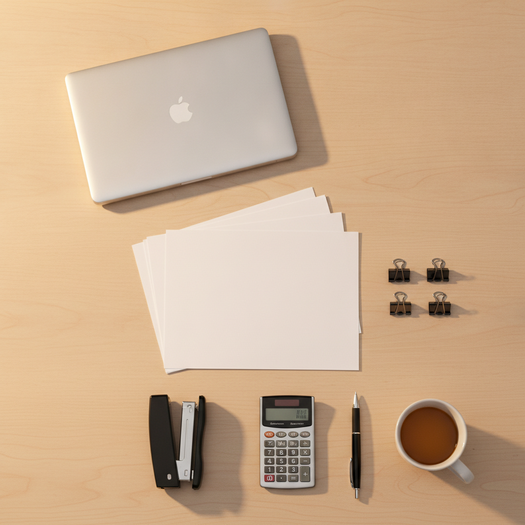 Top-down vendor registration workspace organized to prevent procurement bid mistakes with tools neatly arranged
