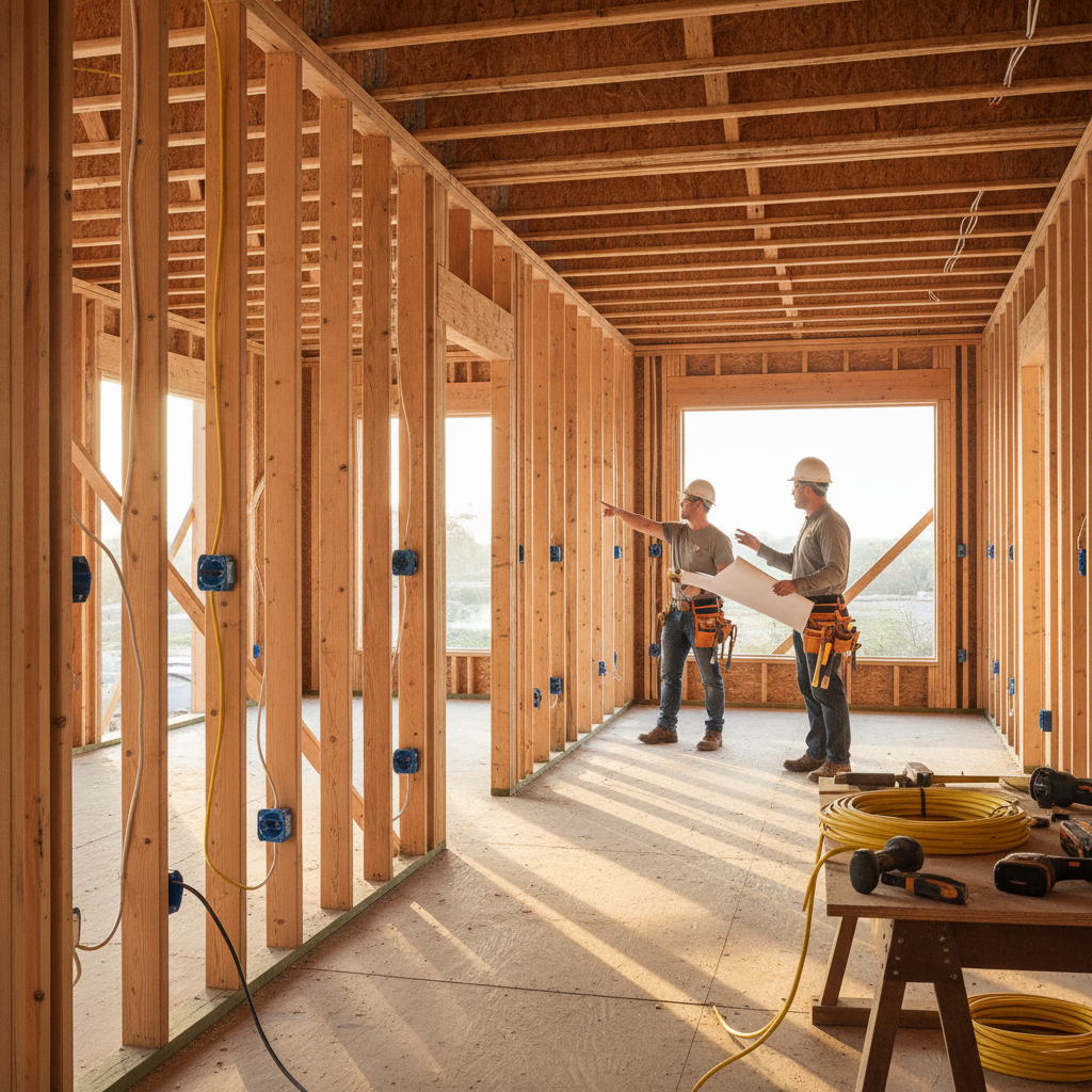 Active home renovation jobsite in Ontario showing framing and electrical rough-in managed by contractors