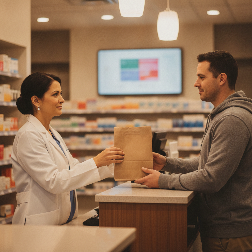 Pharmacist handing a paper prescription bag to a patient, illustrating how to present a Suboxone savings card at pickup