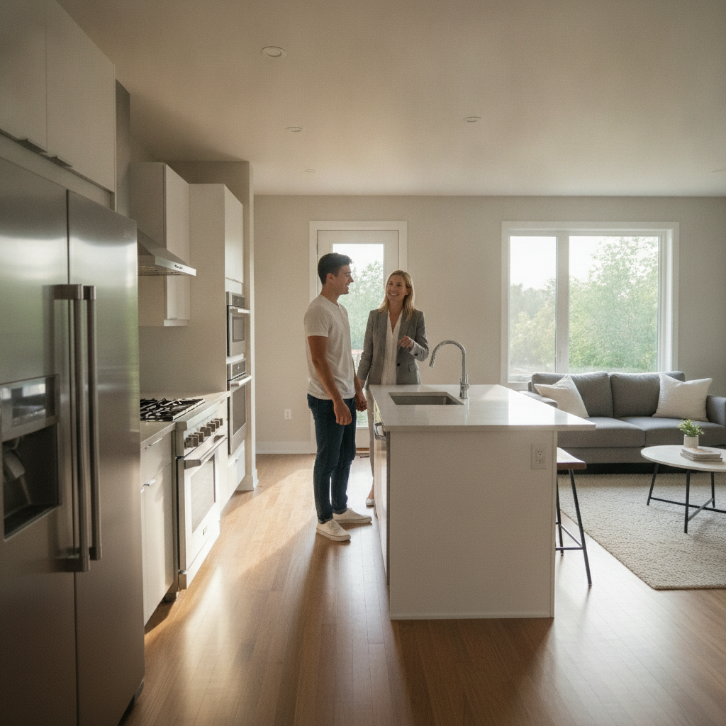 Couple touring a bright Edmonton new-build kitchen with an agent, illustrating buying strategy in the Edmonton real estate market