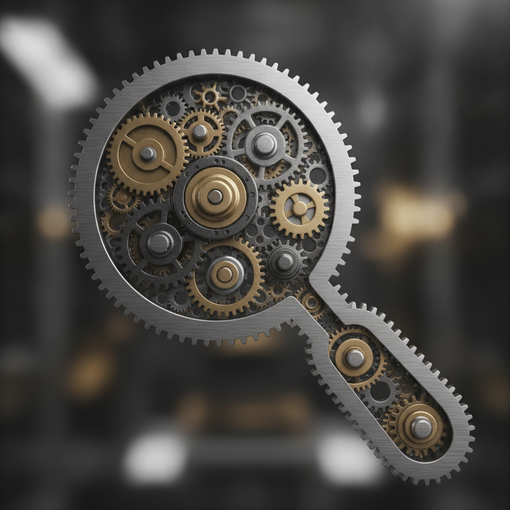 Close-up gears visualization representing an SEO automation tool workflow with research, optimization, linking, and publishing