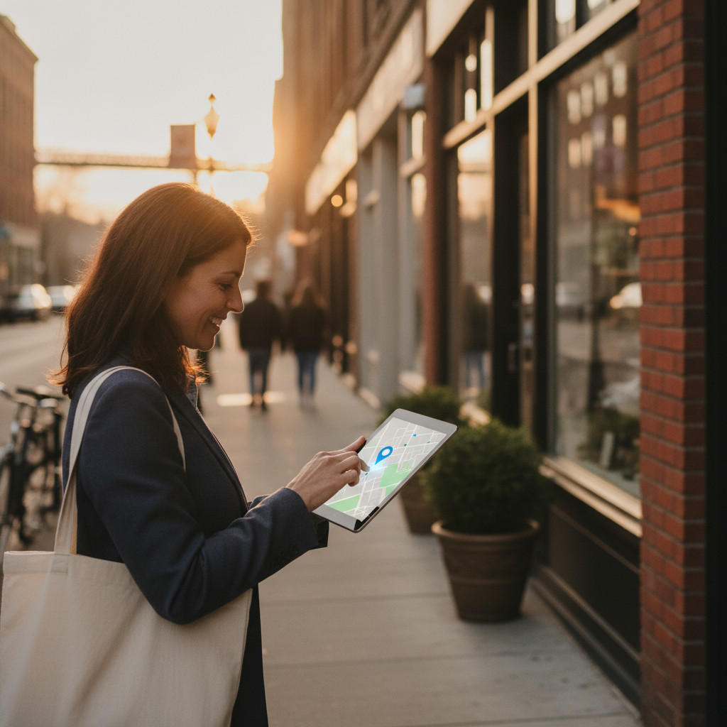 Small business owner using a tablet to manage local SEO automation and location visibility in an American streetscape