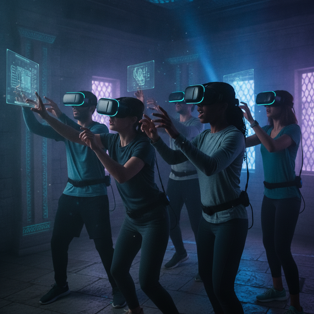 Friends collaborating in a VR escape room at The Next Level, a popular VR games destination in London Ontario