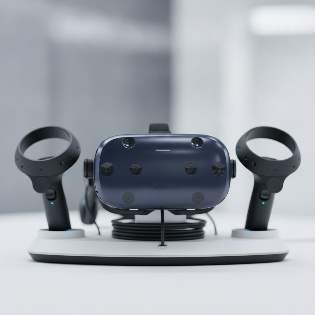 Close-up of HTC Vive Pro VR headset and motion controllers used in popular VR games at The Next Level arcade