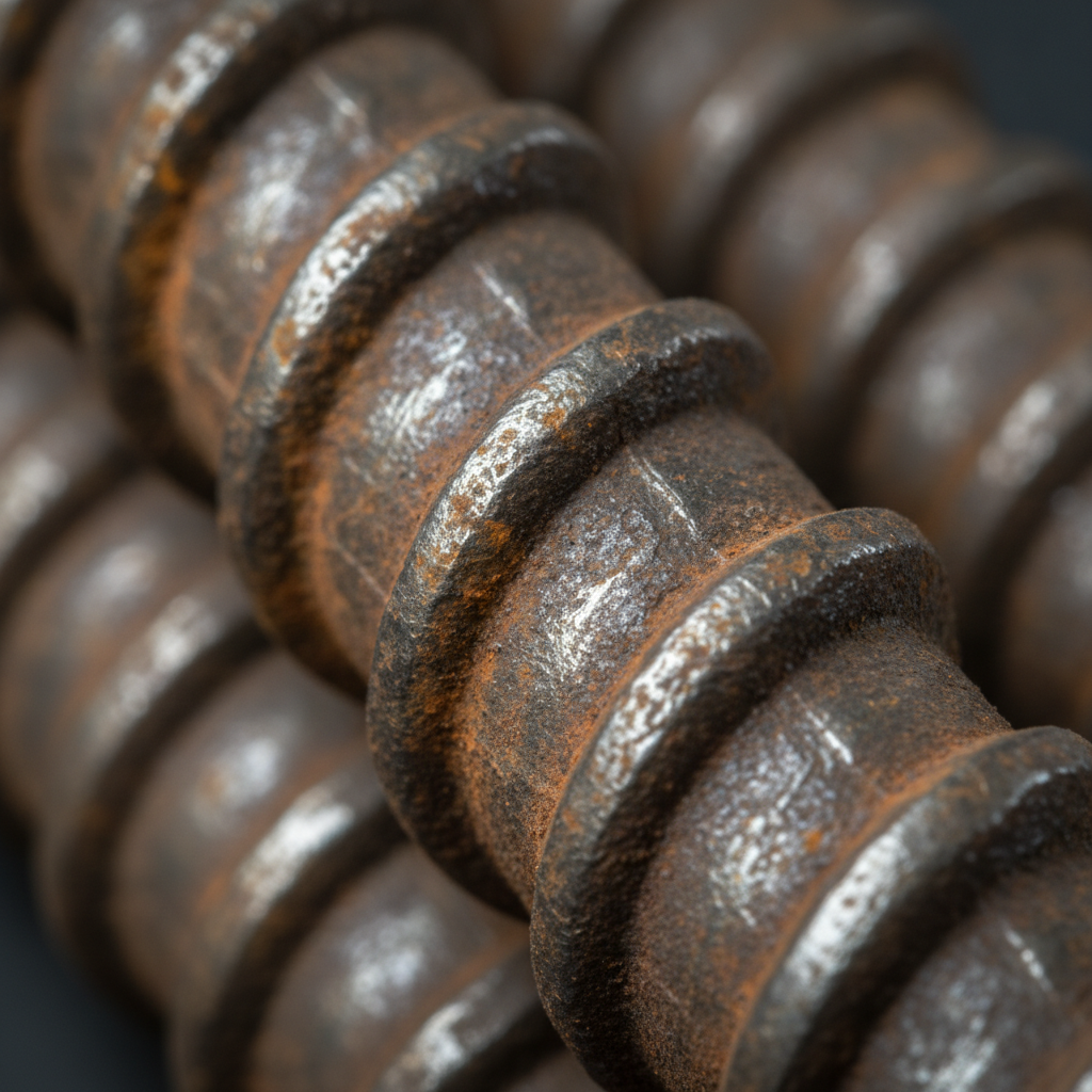 Close-up of deformed steel bars for concrete showing ribs and texture for mechanical bond