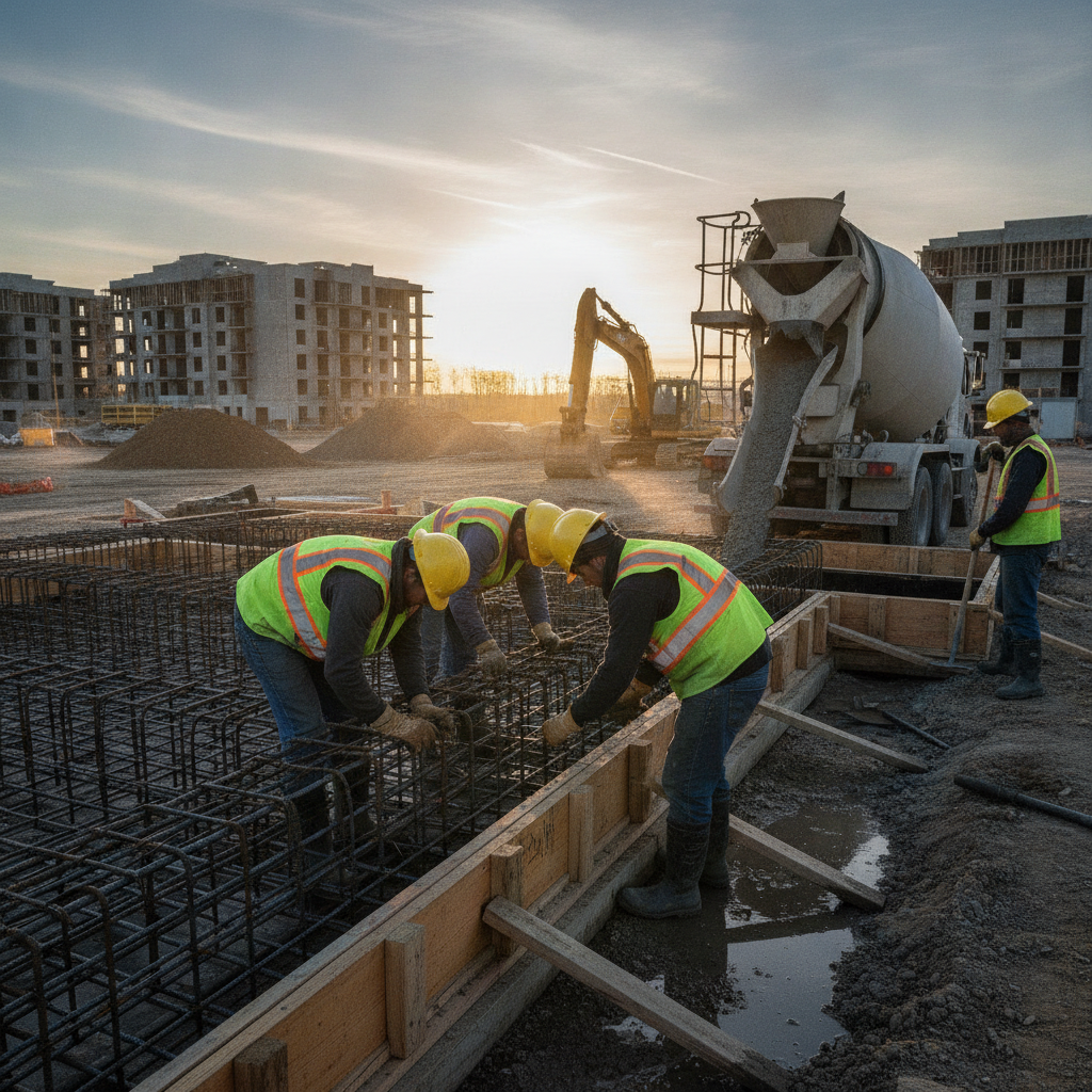 Construction crew tying rebar cages inside forms on a commercial jobsite at sunrise