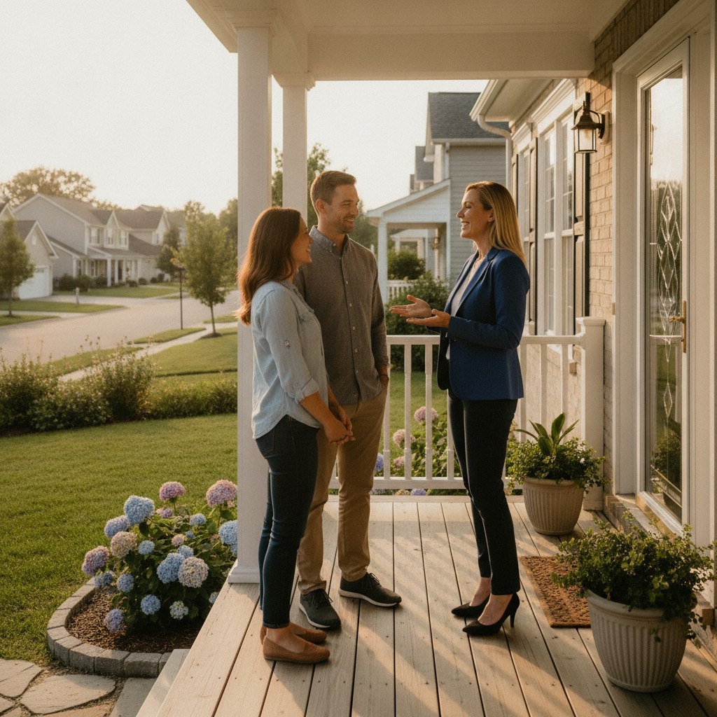 REALTOR advising Mississauga homeowners on CMA results and listing strategy on a sunny porch