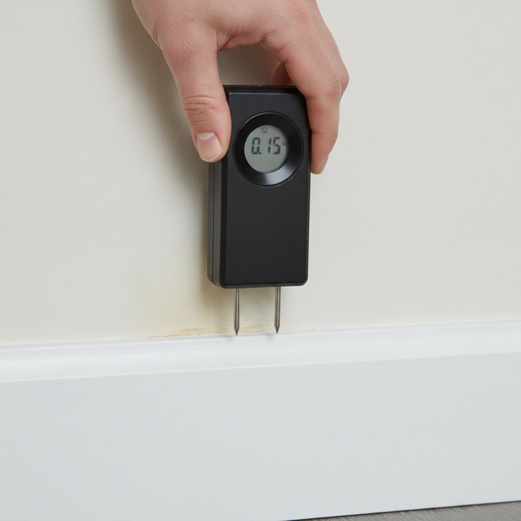 Close-up of a moisture meter used during mold inspection services to check damp drywall near a baseboard in a Scarborough home