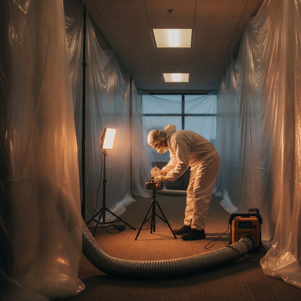Light containment in a commercial hallway with a negative air hose during mold inspection and planning in Ontario