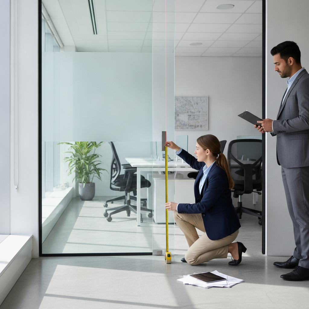 Vaastu consultant measuring office entrance and desk spacing for office Vastu audit