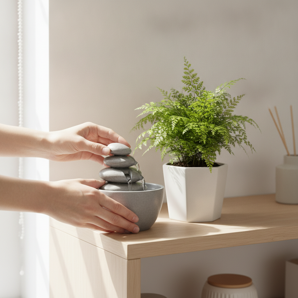 Close-up office Vastu remedy placing indoor fountain and plant for vaastu correction for office layout