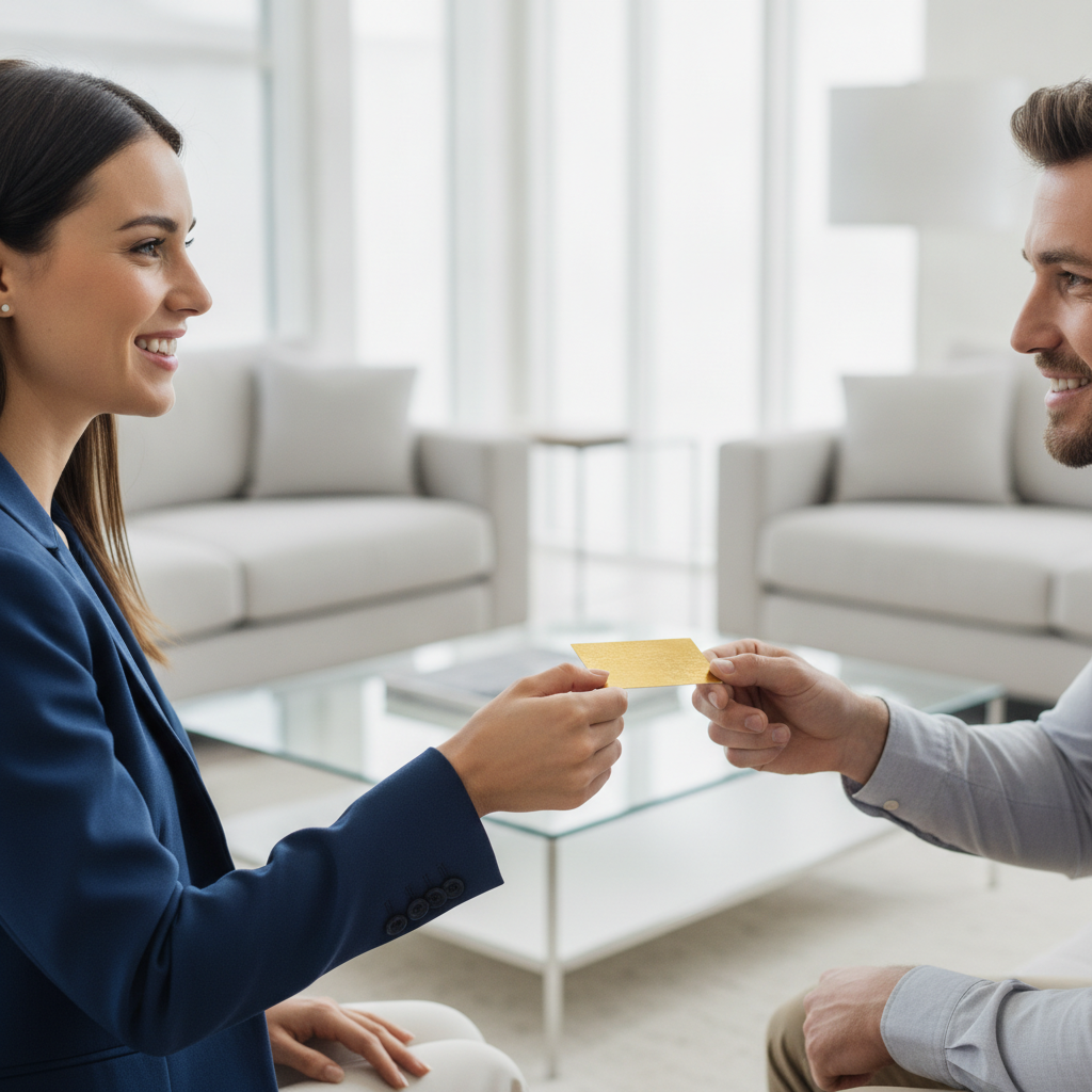Real estate agent handing a premium gold foil business card during a bright open house, showcasing brokerage branding and professional presentation