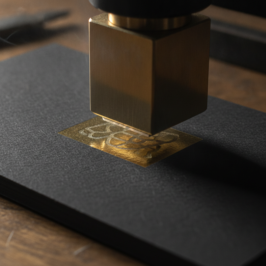 Macro close-up of hot foil stamping applying gold foil to thick black business card stock with metal die and textured paper fibers