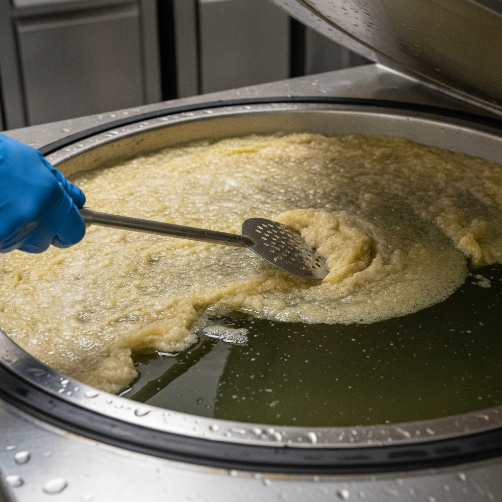 Close-up of grease interceptor pumping with technician skimming FOG layers during grease trap pumping service