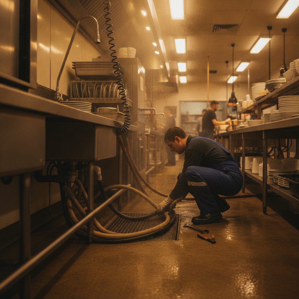 Commercial kitchen dish area with technician managing hoses during grease trap service as part of integrated kitchen maintenance
