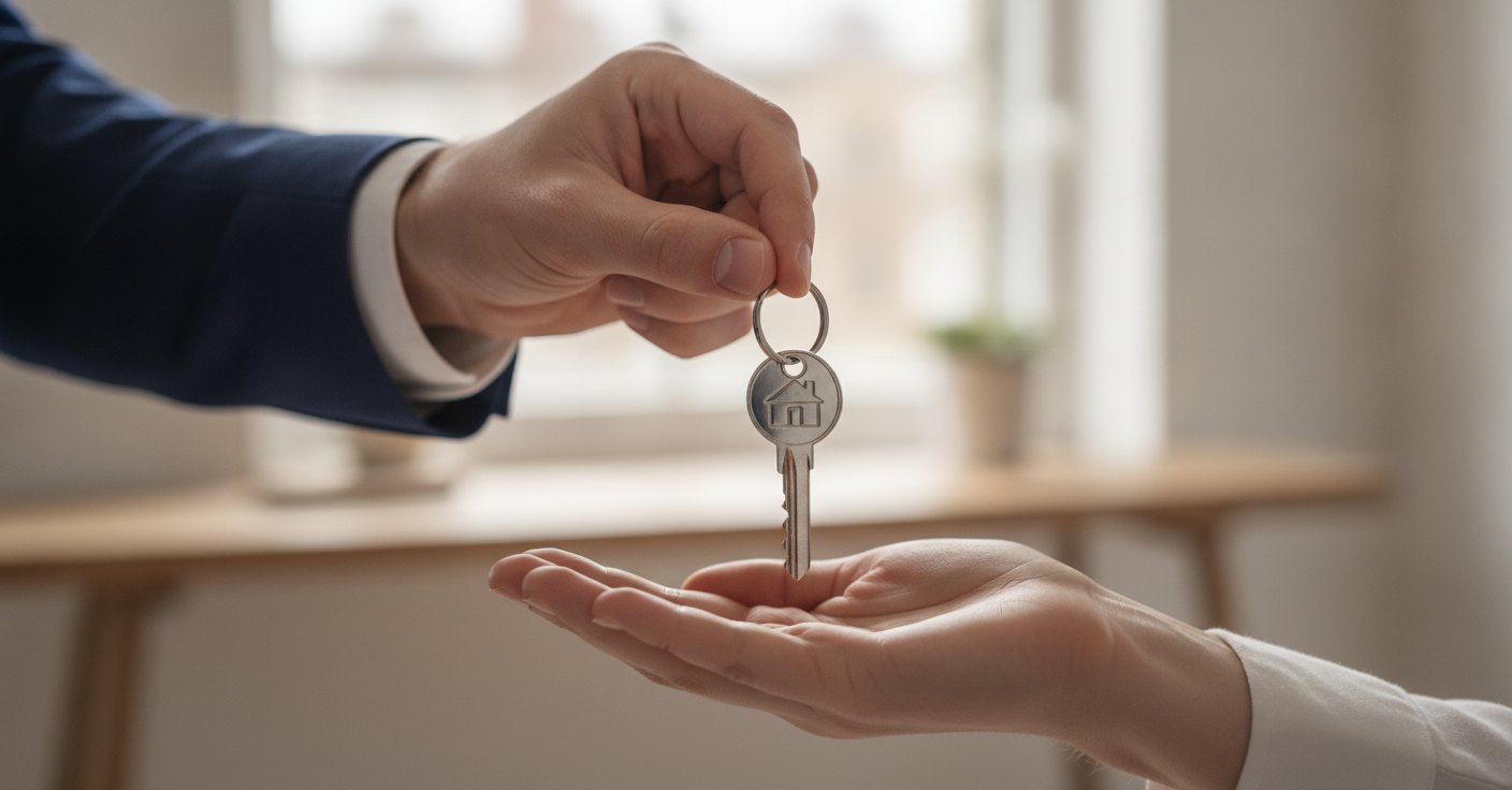 Close-up of keys changing hands during an Ontario home purchase, symbolizing how to buy a house with Malika Homes in Mississauga