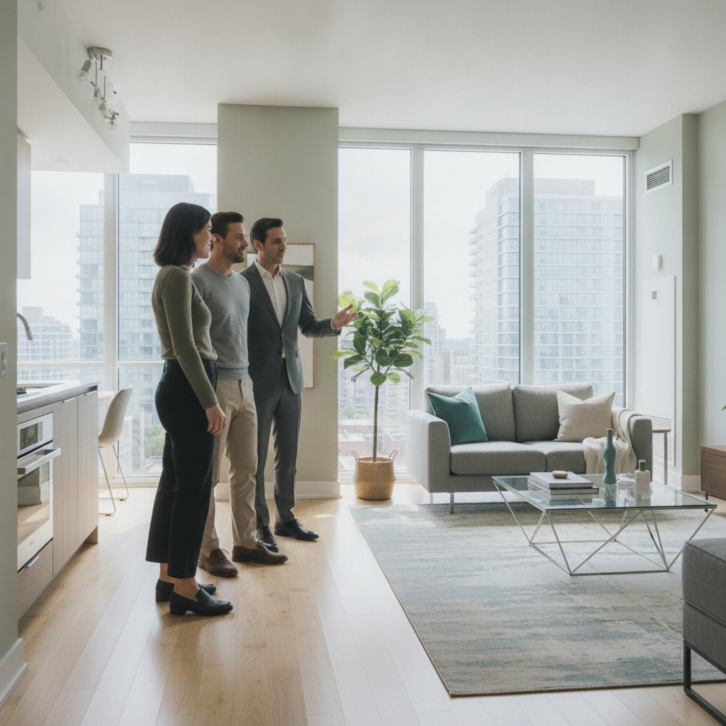 Couple touring a staged GTA condo suite with an agent, illustrating the guided steps to buy a house in Ontario