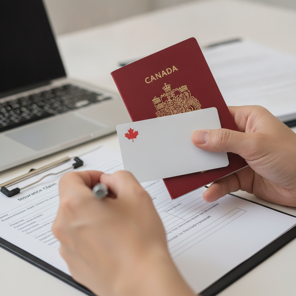 Close-up of Canadian passport and super visa insurance documents for Canada, illustrating medical coverage verification