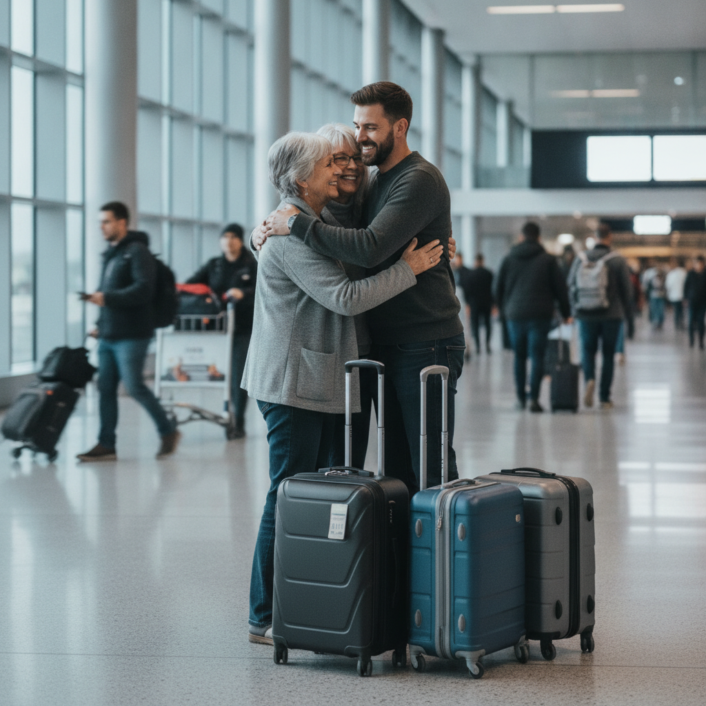Family reunion at Canadian airport arrivals, grandparents visiting on Super Visa with travel medical insurance active