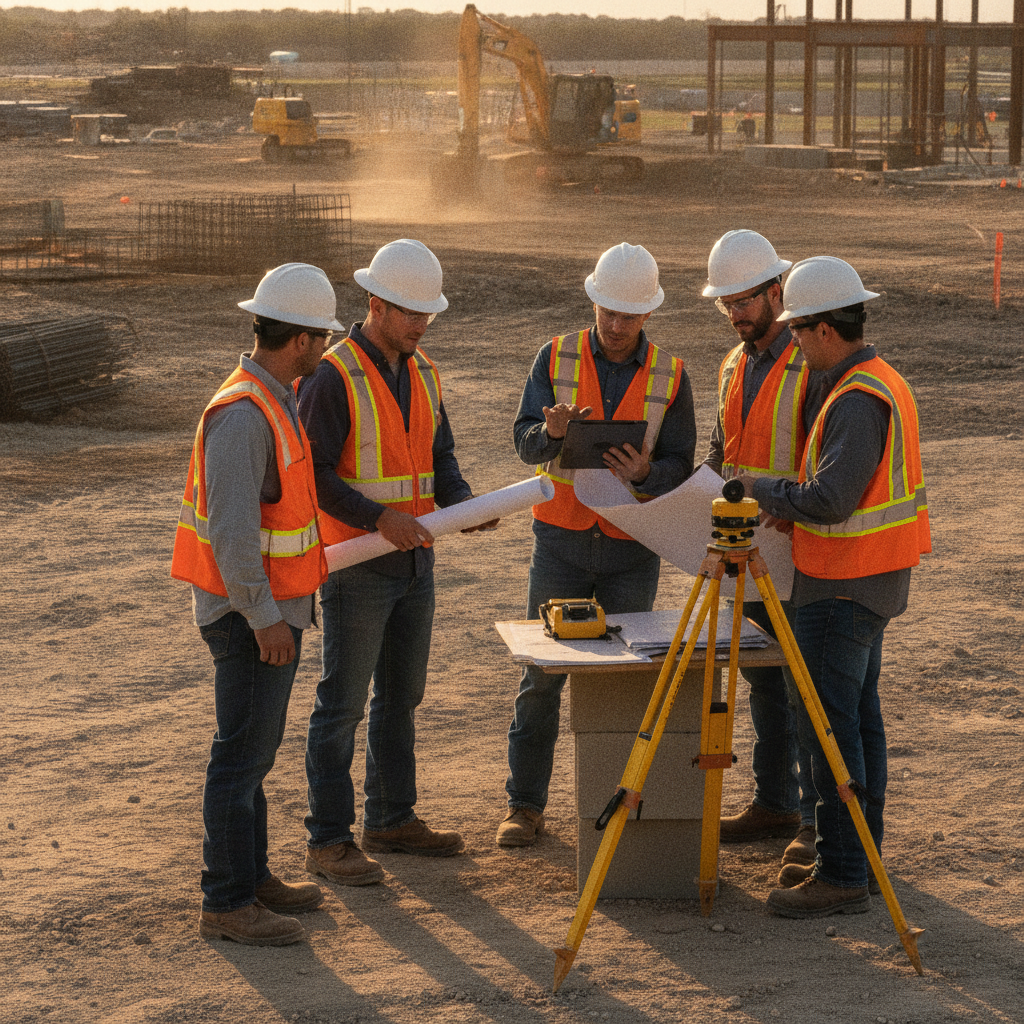 Project manager in Texas reviewing site plans with crew, illustrating coordinated construction management as part of complete construction services