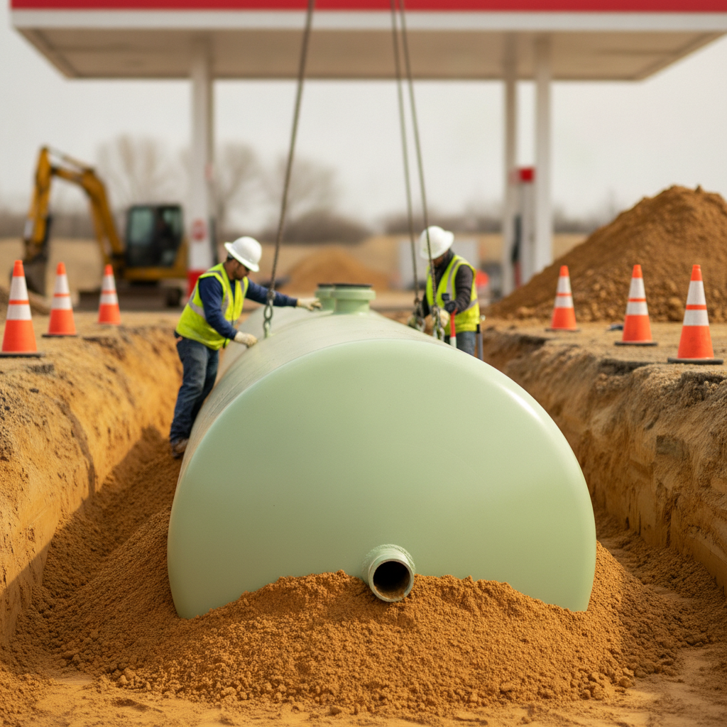 Detail of underground fuel tank installation for gas station construction in Texas, showing double-wall tank in trench and sand bedding as part of complete construction services