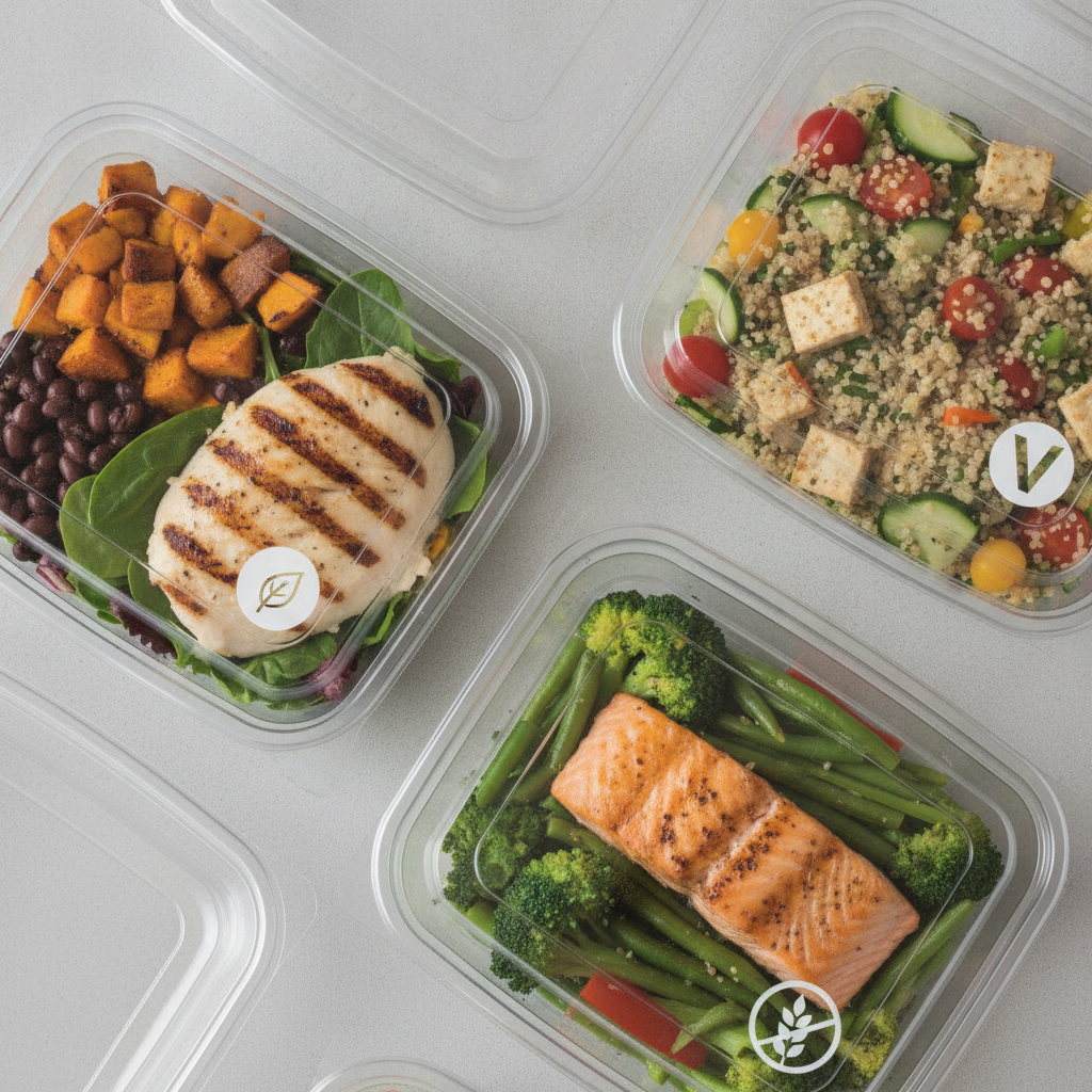Individually packaged corporate lunch catering with labeled halal, vegan, and gluten-free meals for Toronto offices