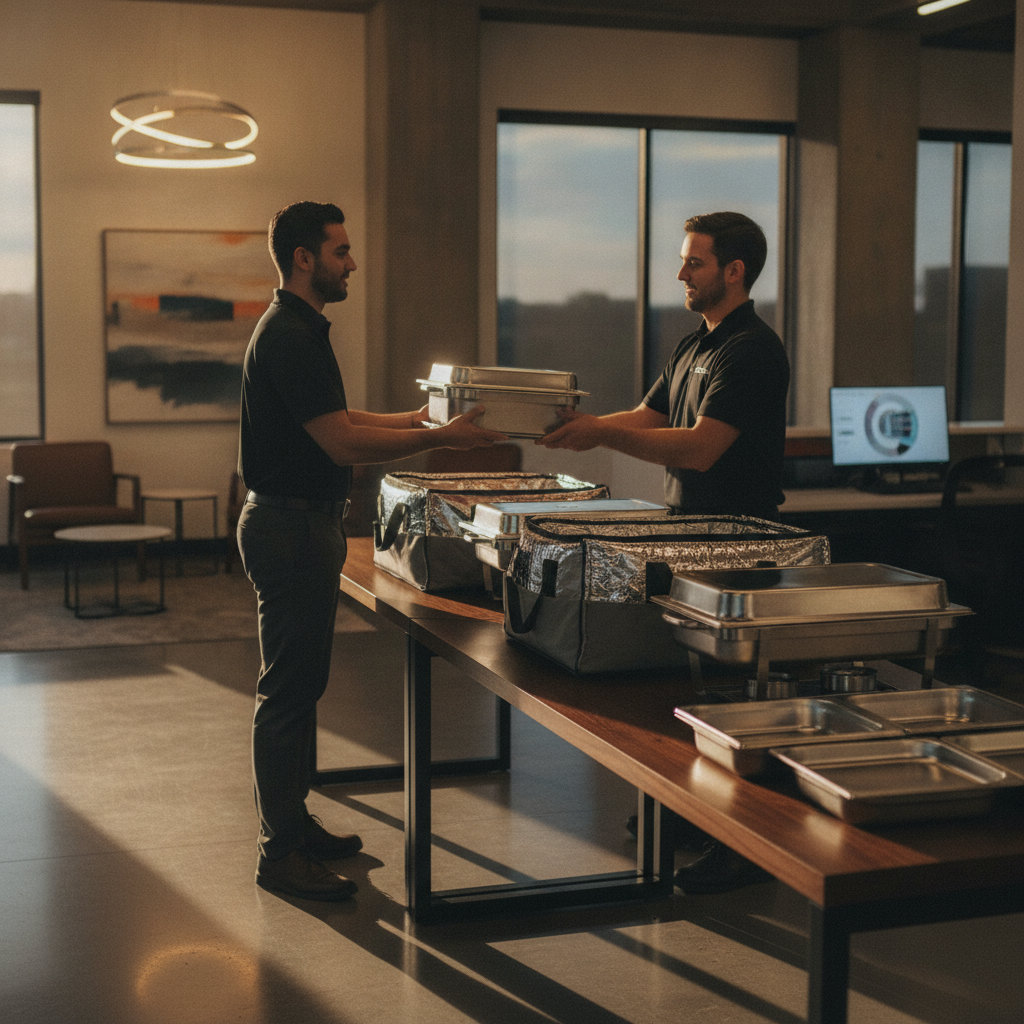 Catering delivery handoff at an office lobby for corporate lunch catering in Toronto with insulated bags and trays