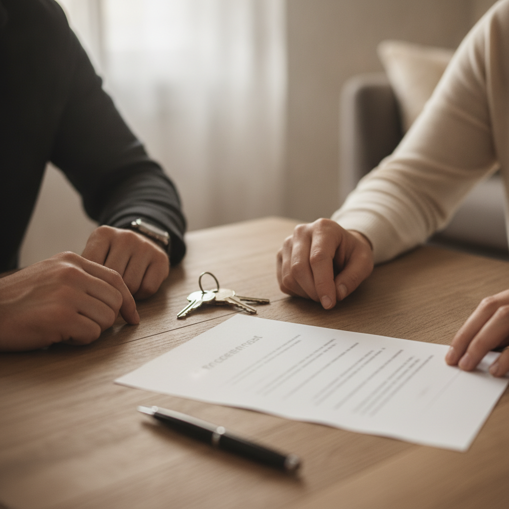 Close-up handshake over house keys and a purchase agreement, illustrating direct negotiation on a social real estate platform and how property networks enable trust