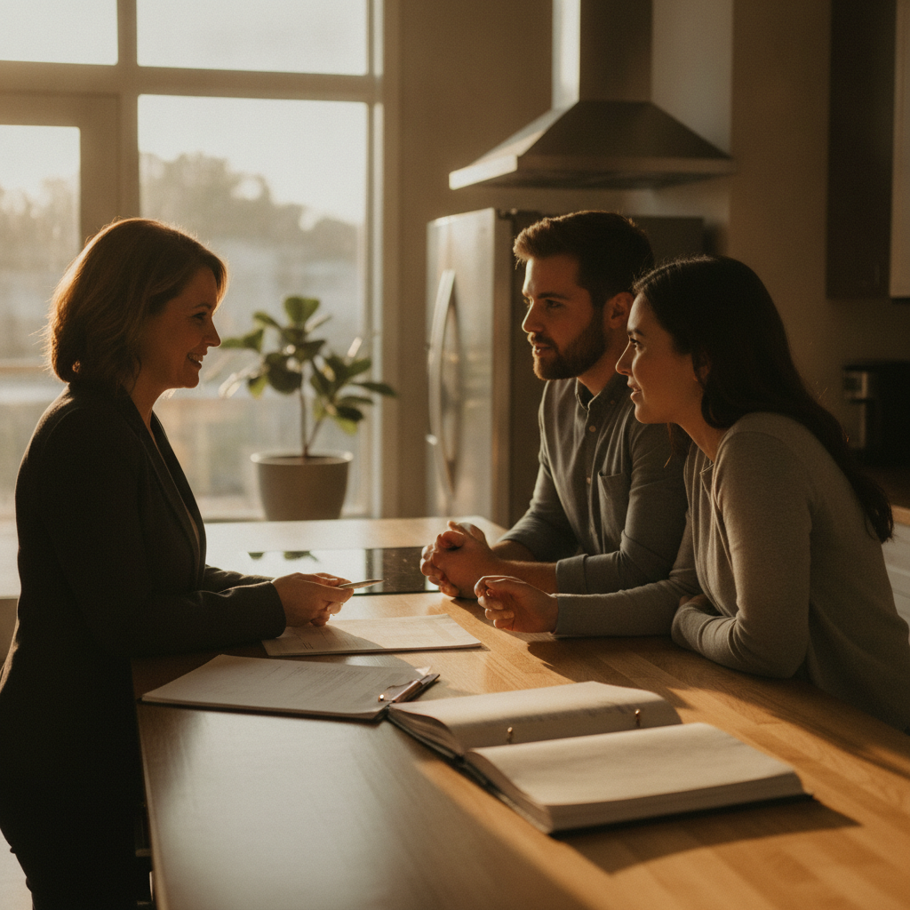 Mortgage broker guiding clients at a kitchen island on how to compare the best home loan rates and features