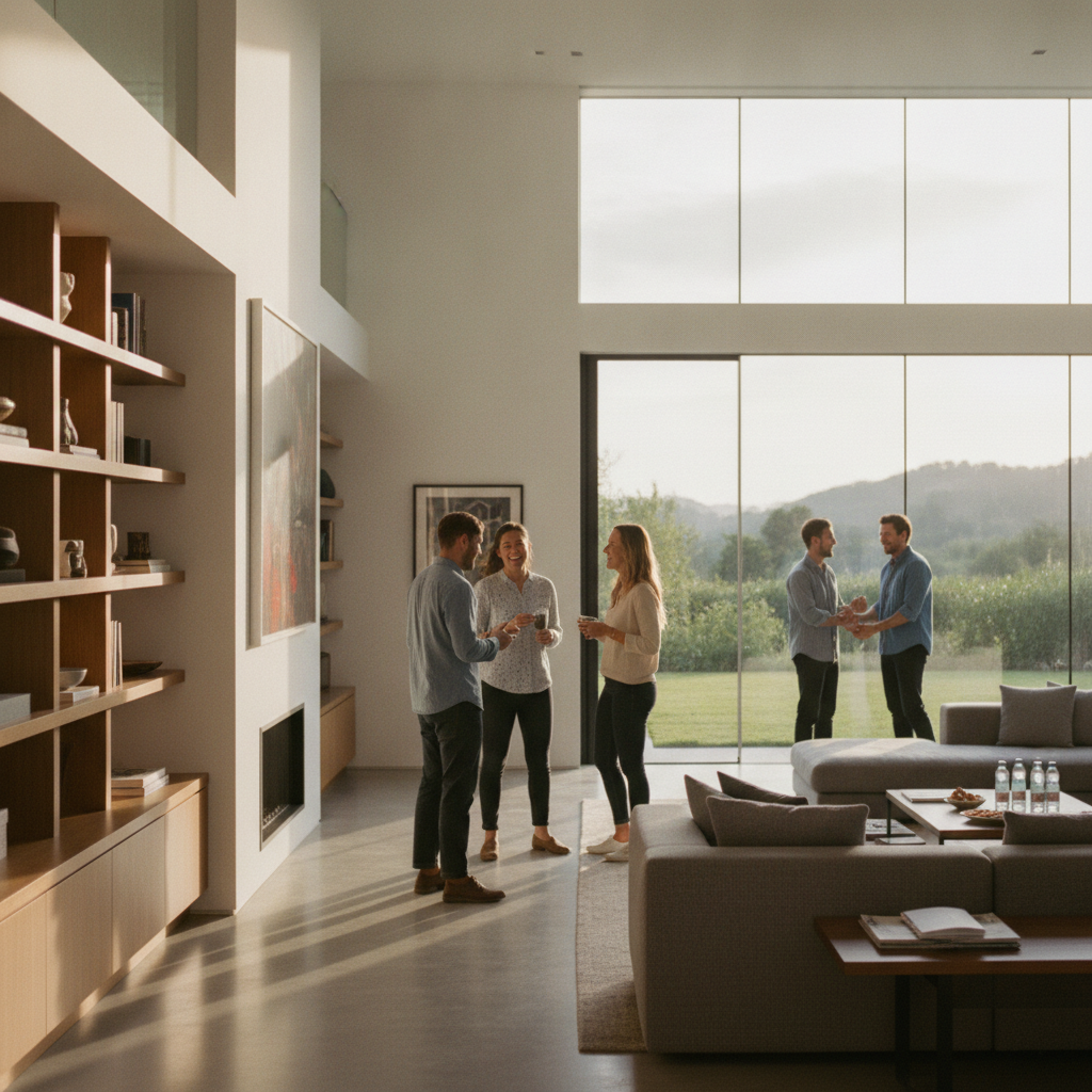 Modern open house with diverse visitors touring a living room, illustrating how property networks drive showings without a middleman