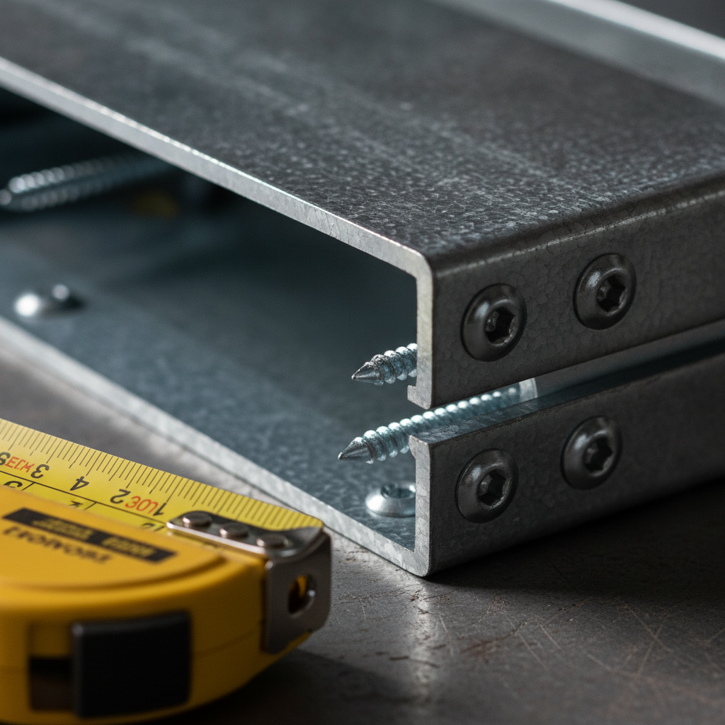 Close-up of heavy gauge galvanized steel stud seated in deep track with self-tapping screws for steel building studs framing
