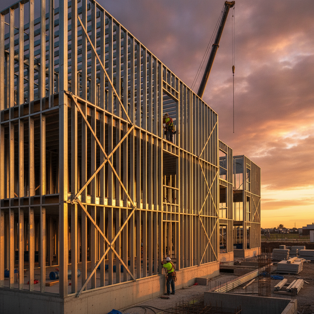 Exterior cold-formed steel wall framing with bridging channel and windbrace on a mid-rise project using steel building studs