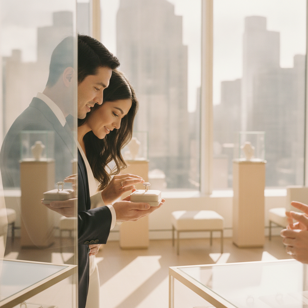 Couple and consultant reviewing a diamond ring and grading report in a bright Manhattan showroom