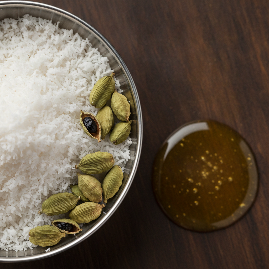 Close-up of grated coconut, cardamom, and ghee for coconut barfi ingredients