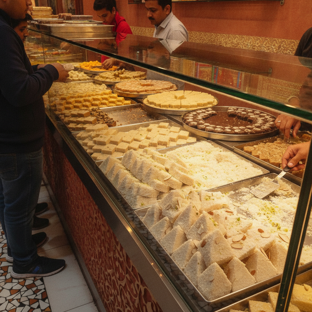 Indian sweets counter with coconut barfi prominently displayed for Brampton events