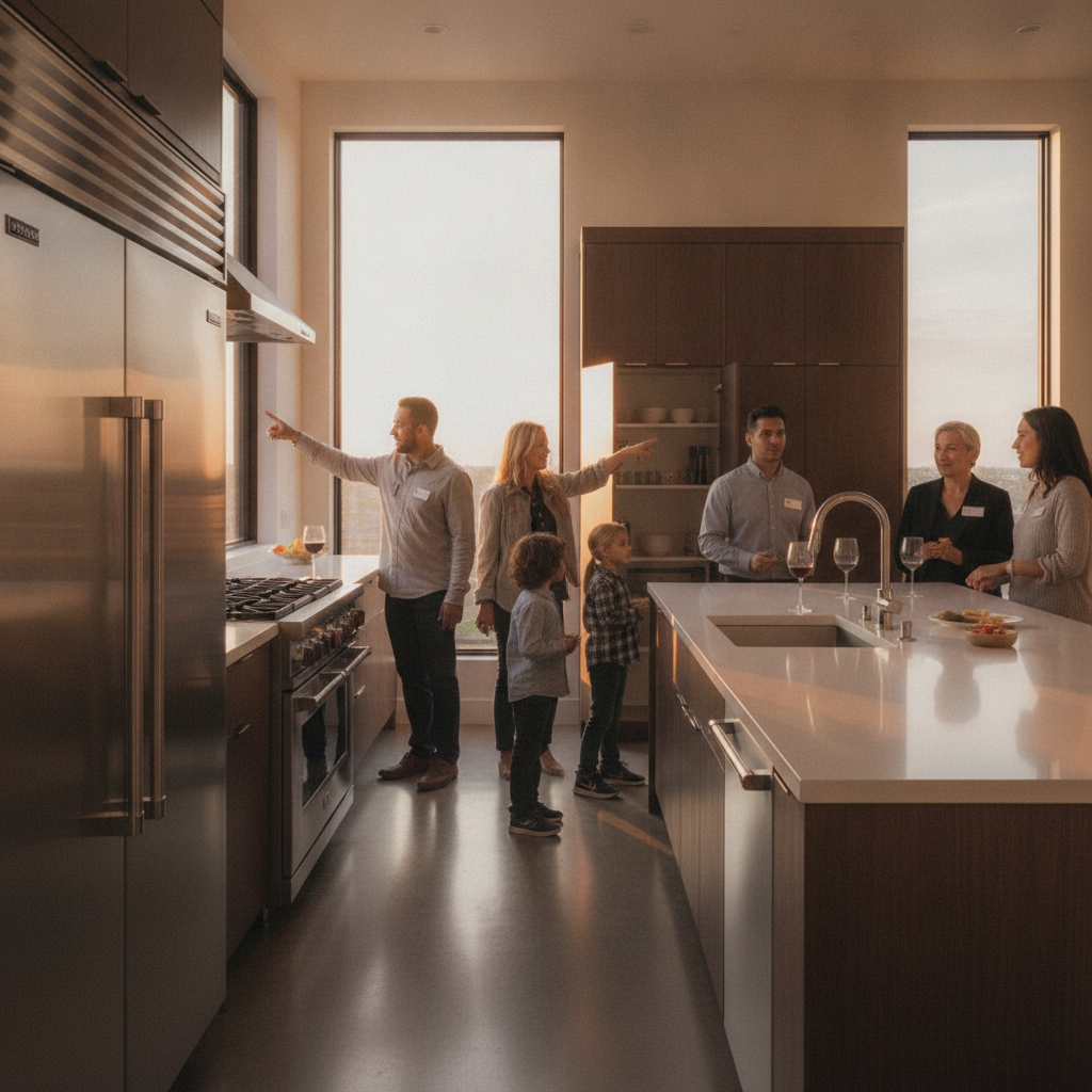 Open house walk-through in a modern kitchen, illustrating how a Cambridge realtor organizes tours and gathers feedback