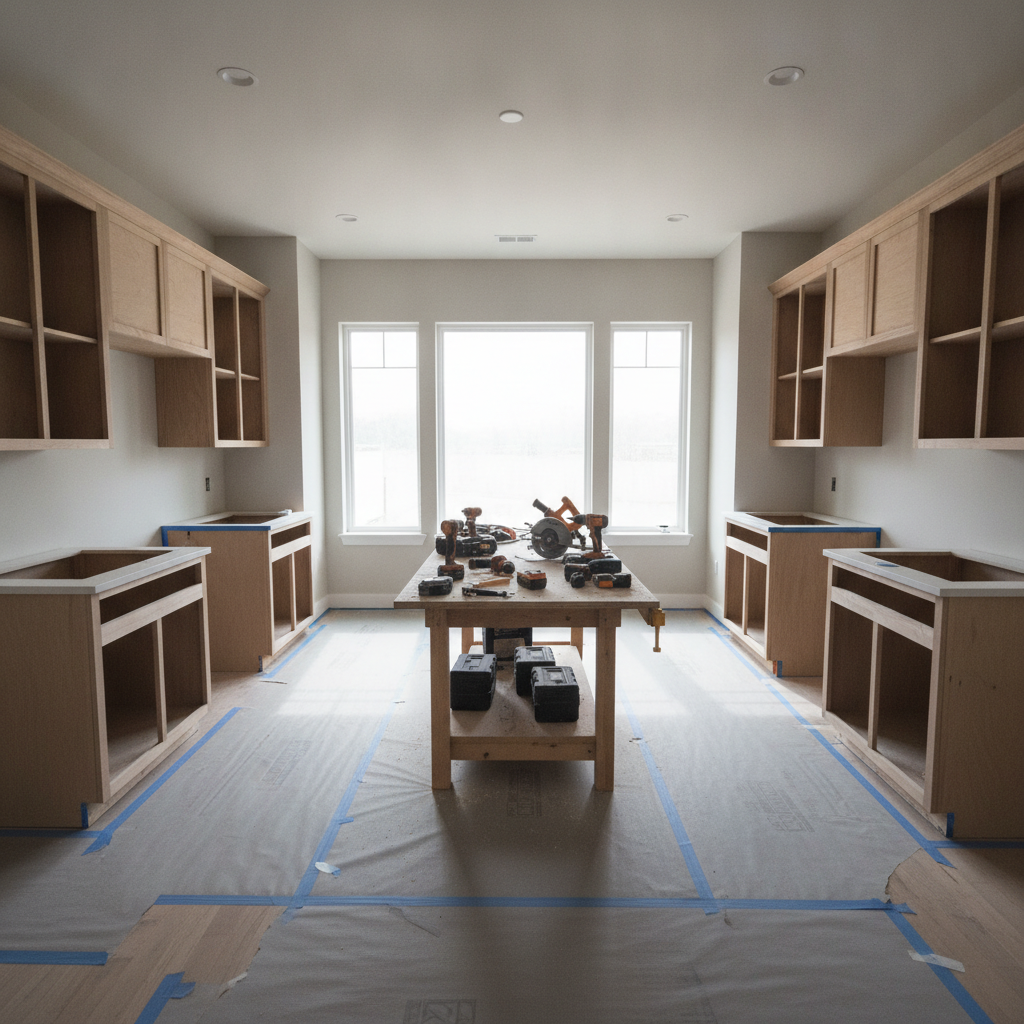 Budget Kitchen Renovation: Save More Money in 2026 1 Featured wide shot of a budget kitchen renovation in progress with cabinet frames, protective flooring, and tools, demonstrating cost-smart remodeling steps