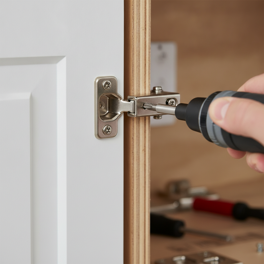 Budget Kitchen Renovation: Save More Money in 2026 2 Close-up cabinet hinge installation on shaker-style door, illustrating soft-close hardware upgrade for budget kitchen renovation