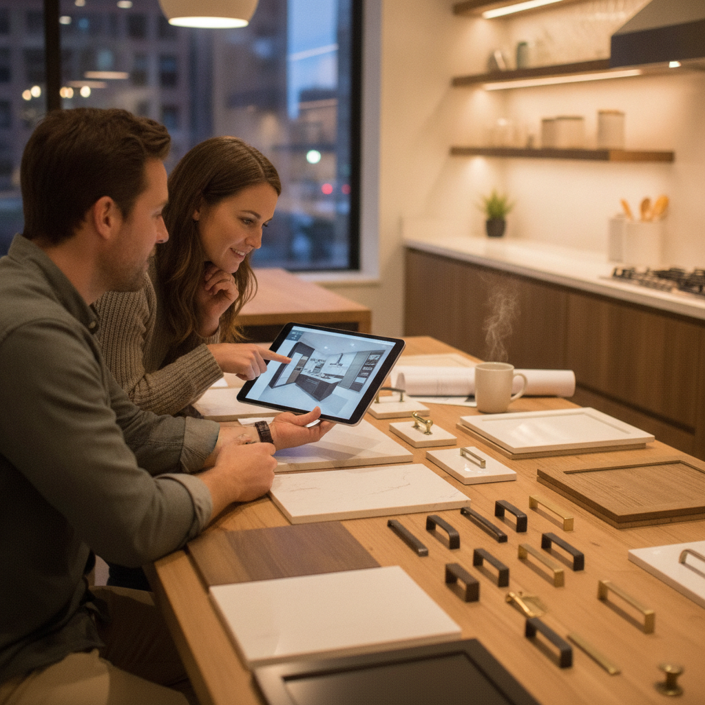 Budget Kitchen Renovation: Save More Money in 2026 3 Designer and homeowner reviewing a 3D kitchen design with quartz samples and cabinet finishes in a showroom, illustrating Altima’s selection process