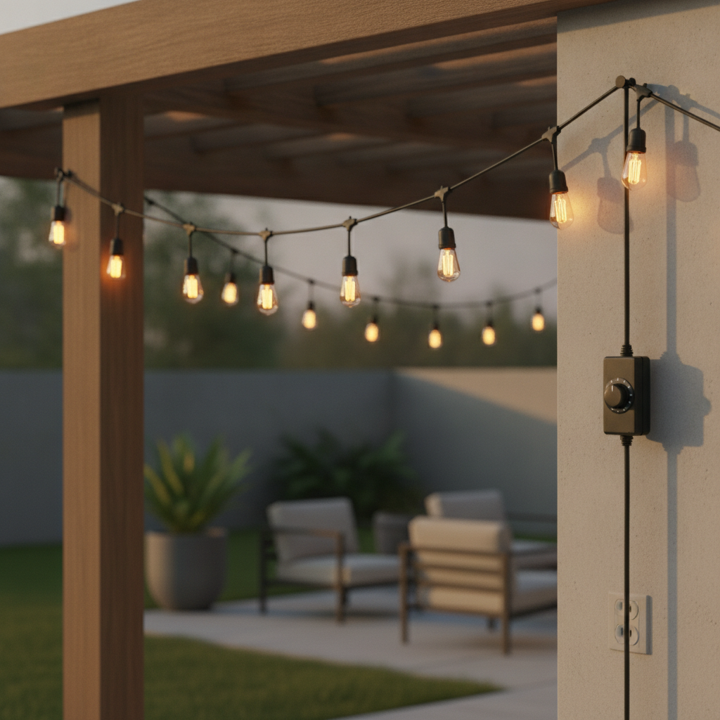 Close-up of outdoor Edison bulb string lights on a pergola with dimmer—ideal for backyard party lighting ideas in Oakville