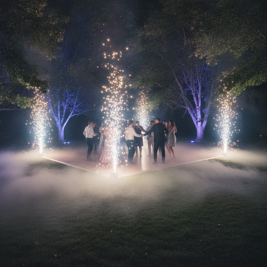 Outdoor dance floor with cold spark fountains and low-lying fog—special effects that elevate backyard party lighting ideas