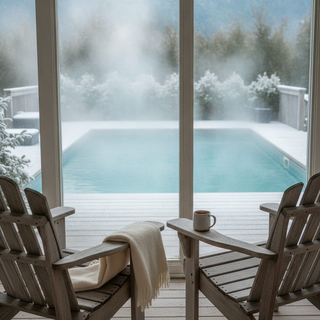 Enclosed porch view toward the outdoor heated pool at a North Conway hotel in the mountains