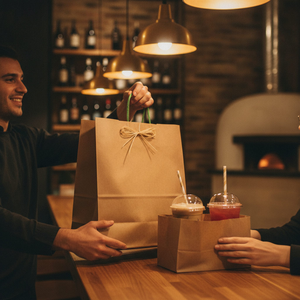 Takeout handoff scene at an Italian restaurant counter with warm lighting and iced beverages—Edmonton pickup moment