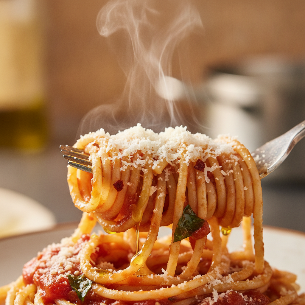 Close-up of fresh spaghetti twirled on a fork with tomato-basil sauce, olive oil sheen, and parmesan—classic Italian pasta detail