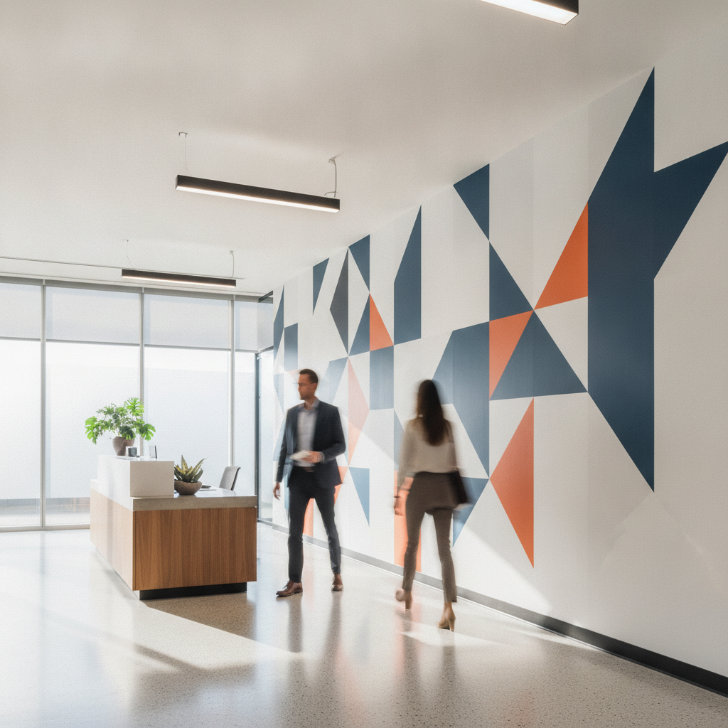 Office reception with brand-colored geometric wall graphic and subtle quote artwork focal
