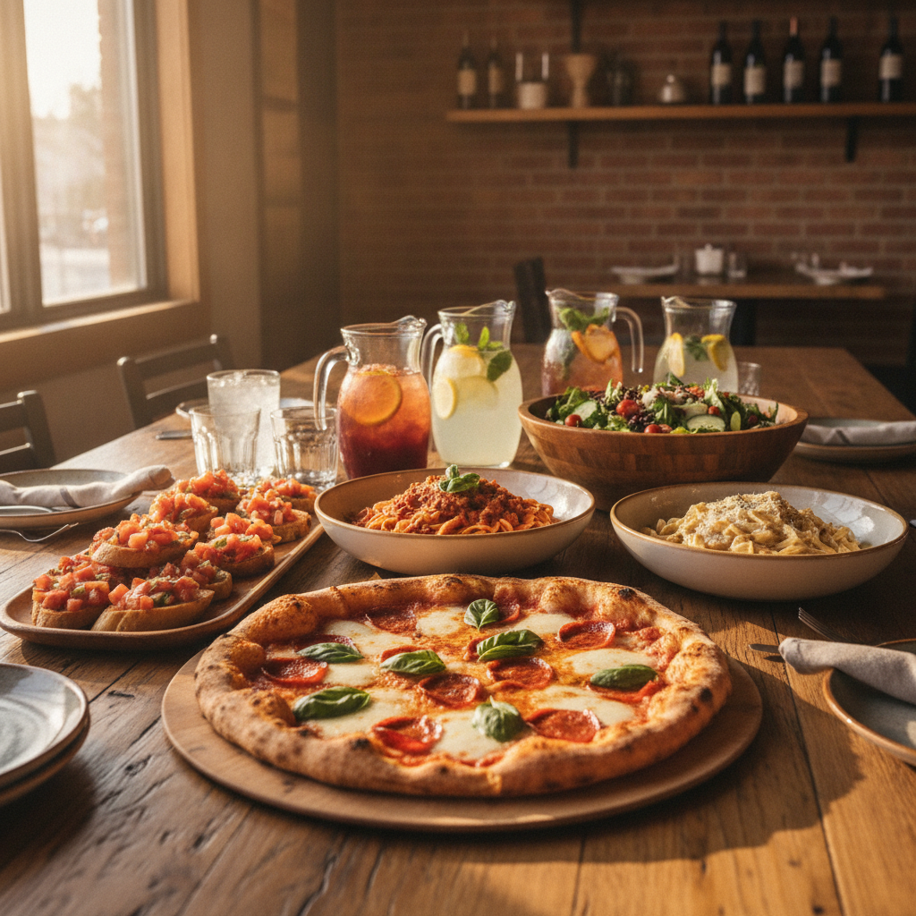 Family-style Italian food and drink spread with handcrafted pizza, fresh pasta, bruschetta, salad, and iced beverages in a cozy Edmonton restaurant