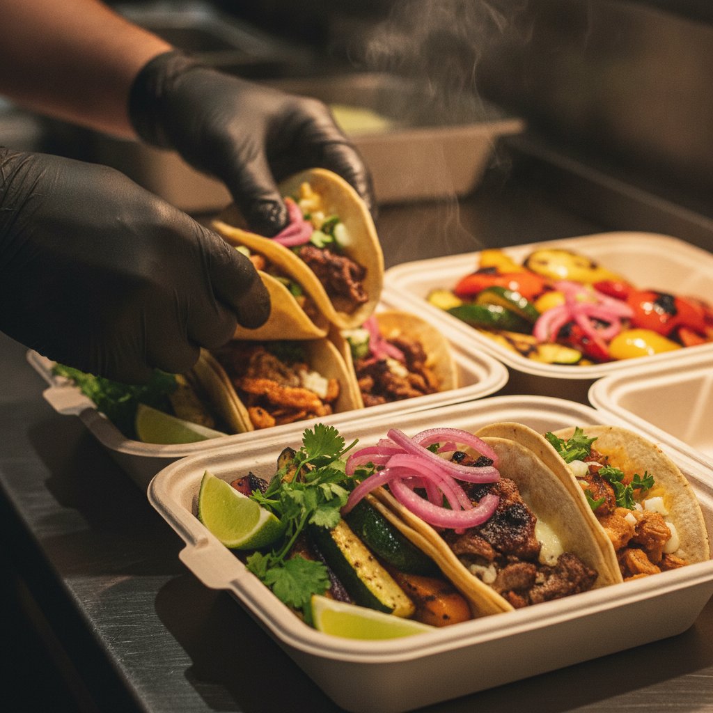 Close-up of tacos and grilled vegetables being packed into eco-friendly containers for order-ahead takeout at a Mexican grill